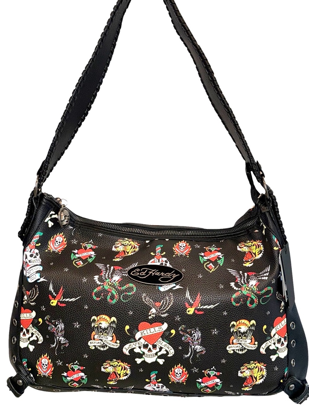 Ed Hardy Black Tattoo-Print Shoulder Bag with Multicolor Accents